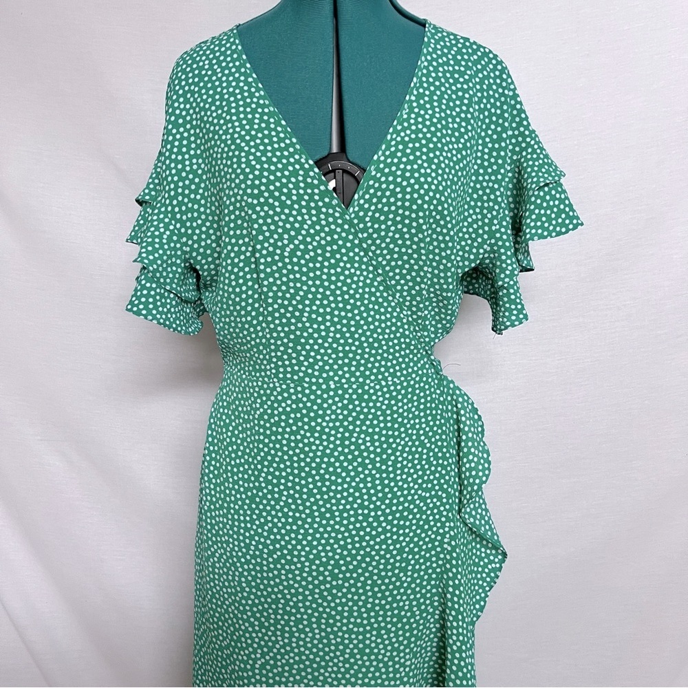 Max Studio Green and White Polka Dot Ruffle Sleeve Wrap Around Dress